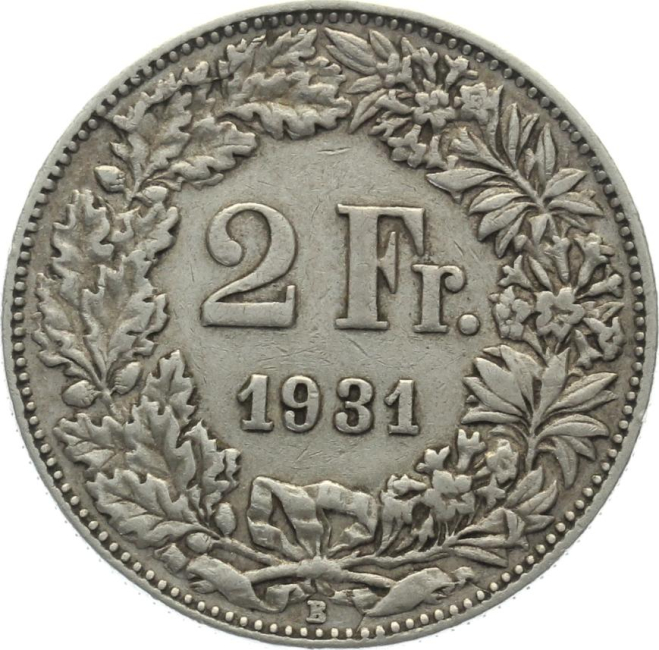 2 Franken 1931 B - Stempelriss Werseite 10 Uhr